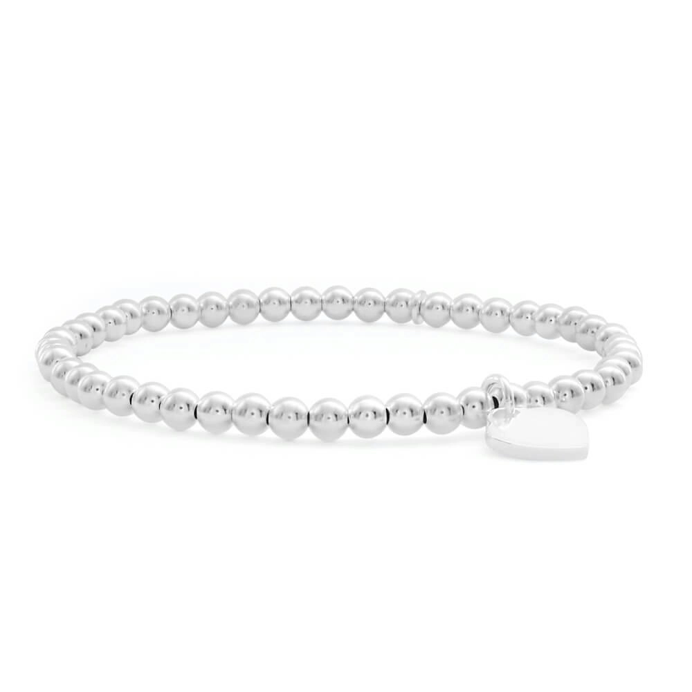 Sterling Silver Heart Charm Ball Stretch Bracelet