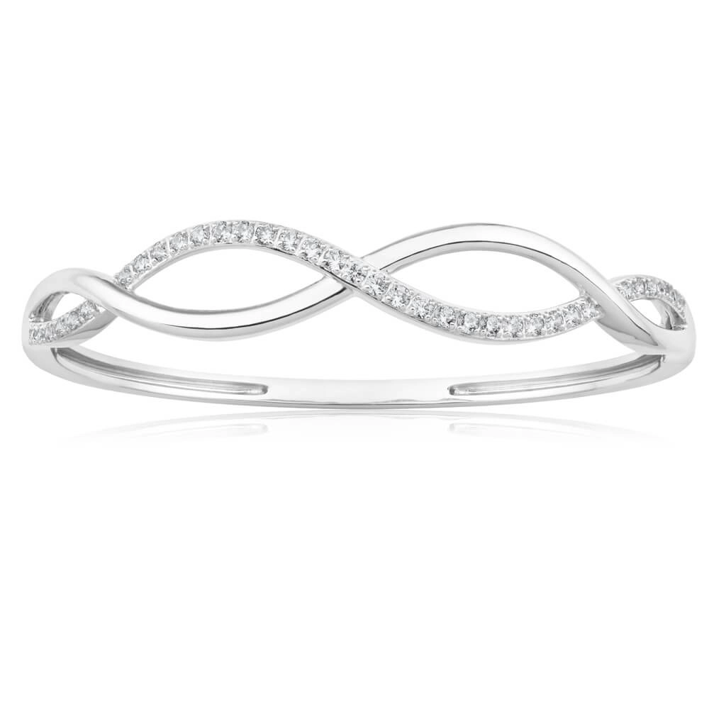 Sterling Silver Rhodium Plated Cubic Zirconia Open Twist 60mm Hinged Bangle