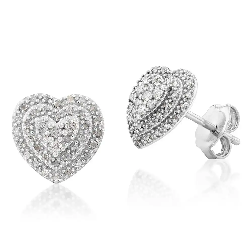 Sterling Silver 1/2 Carat Diamond Pendant and Earring Heart Shape Set on 46cm Chain