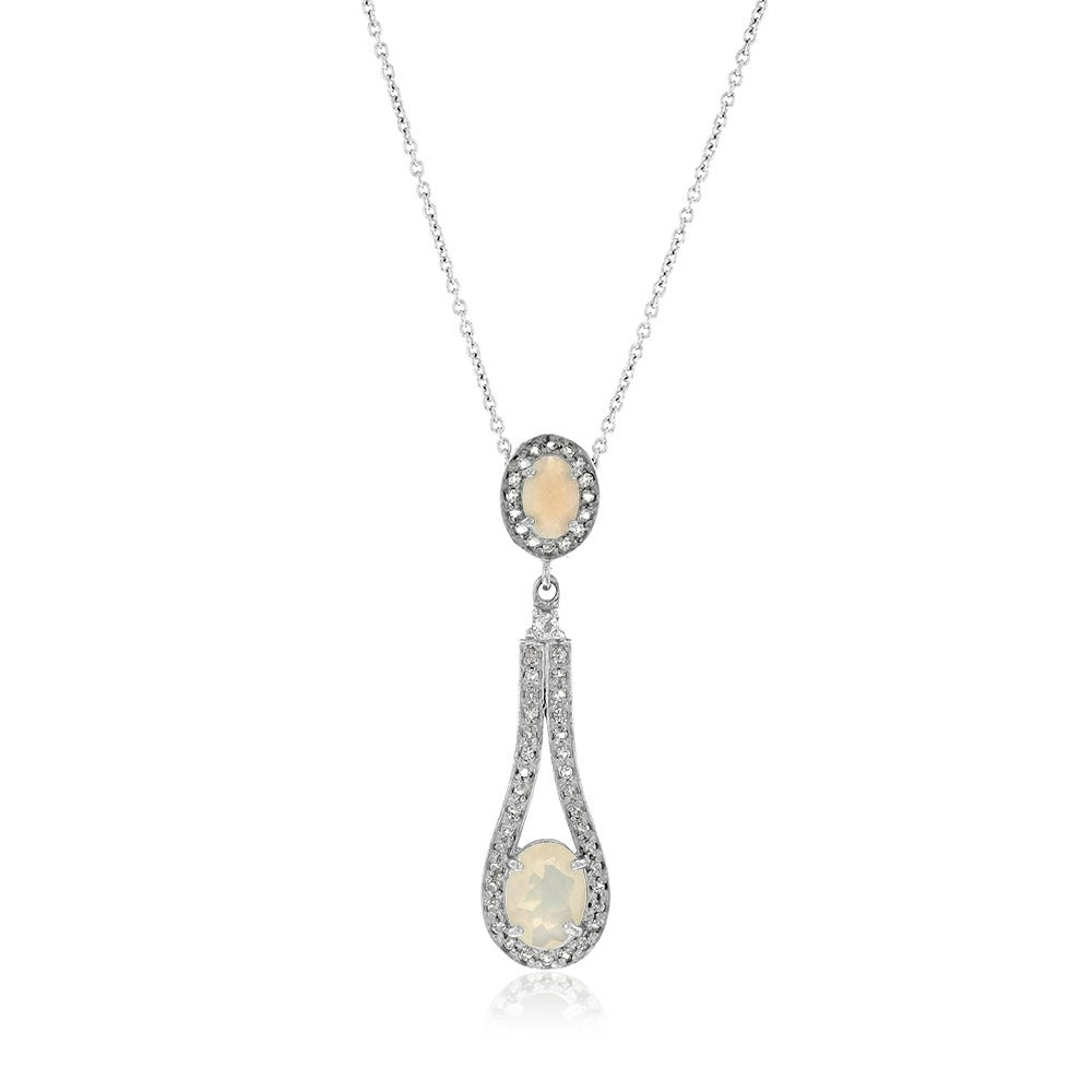 Sterling Silver 1.40ct Natural White Opal and White Topaz Pear Drop Pendant on Chain