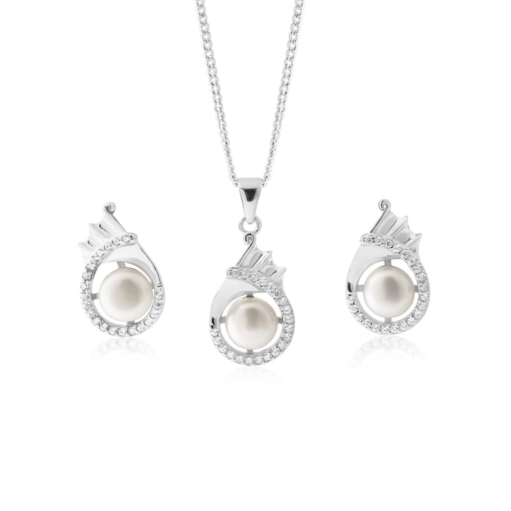 Freshwater Pearl Earrings & Pendant Set Ss With Chain