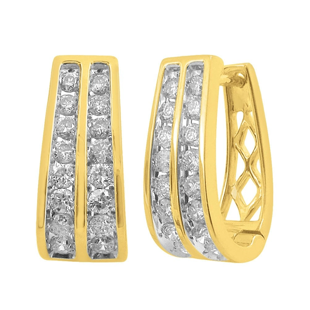 9ct Yellow Gold 1 Carat Diamond Double Row Hoop Earrings