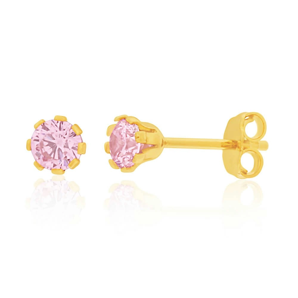 9ct Yellow Gold Silver Filled Pink Cubic Zirconia Stud Earrings