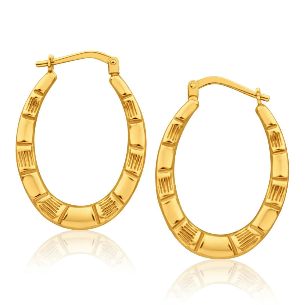 9ct Yellow Gold Silver Filled Oval Bamboo Style 13mm Hoop Earrings