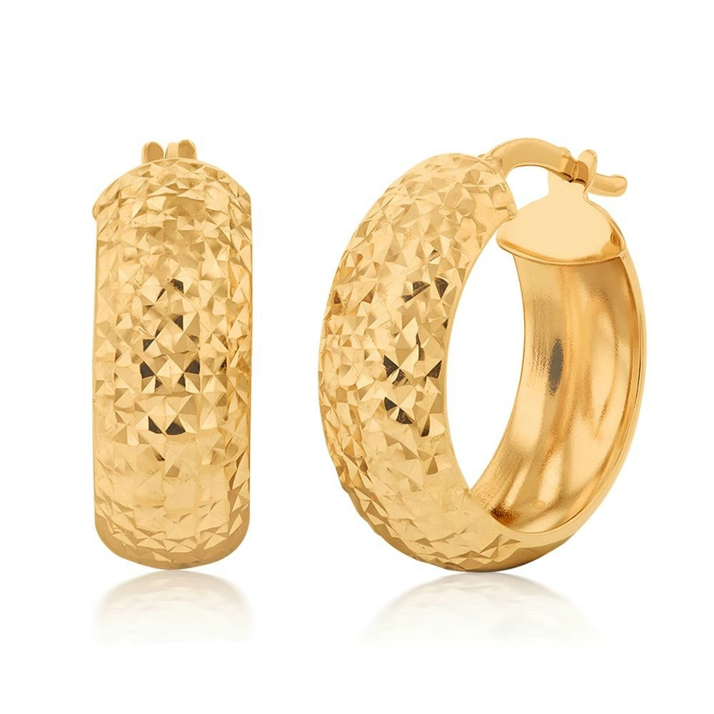 9ct Yellow Gold Textured Broad Hoop Earrings