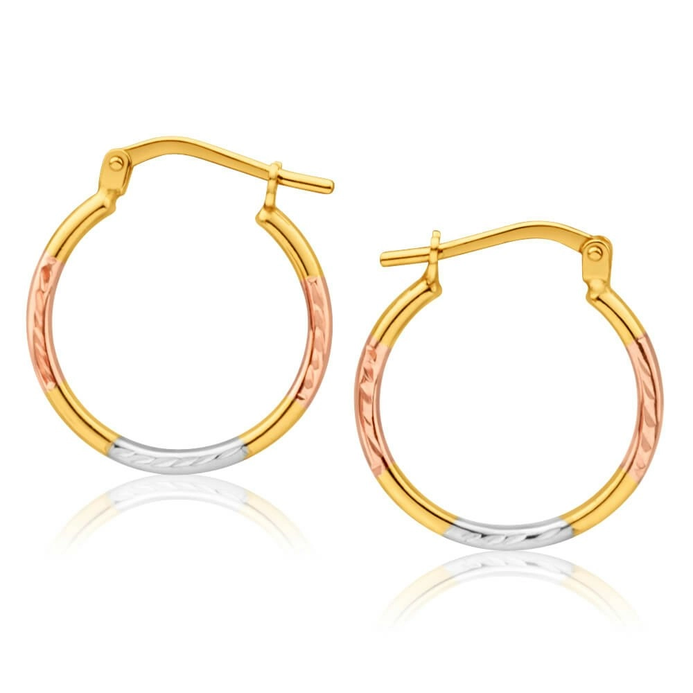 9ct Yellow Gold Silver Filled Fancy Three Tone 15mm Hoop Earrings