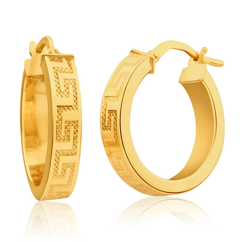 9ct Yellow Gold Silver Filled Greek Key 15mm Hoop Earrings