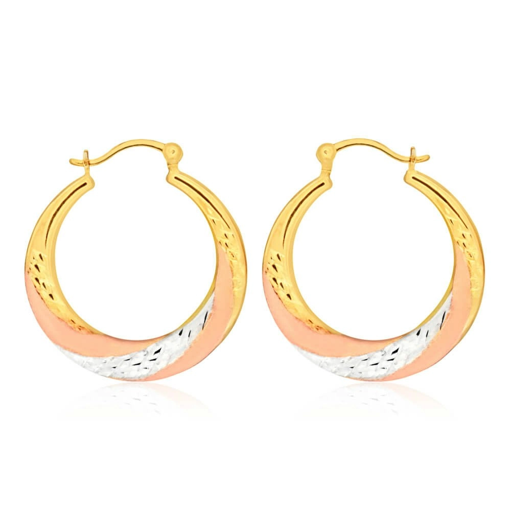 9ct Yellow Gold Silver Filled Three Tone Swirl Hoop Earrings