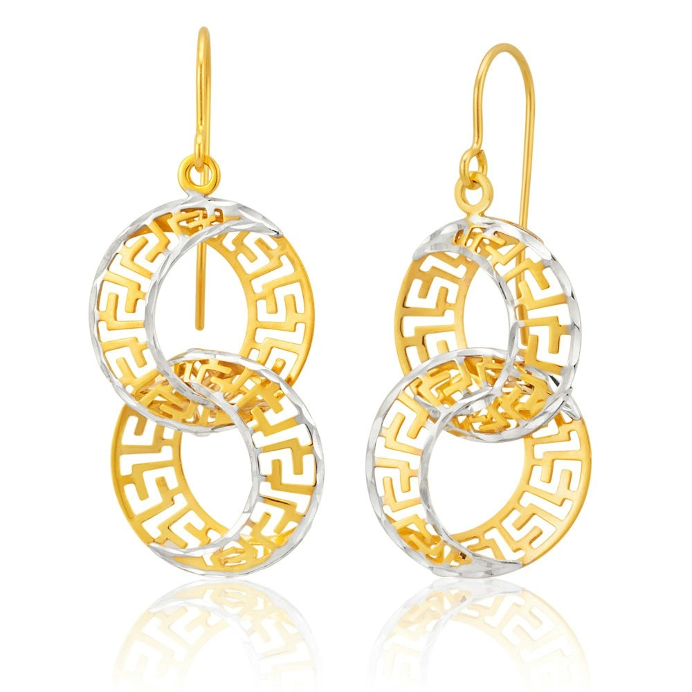 9ct Yellow Gold Silver Filled Double Hoop Greek key Earrings