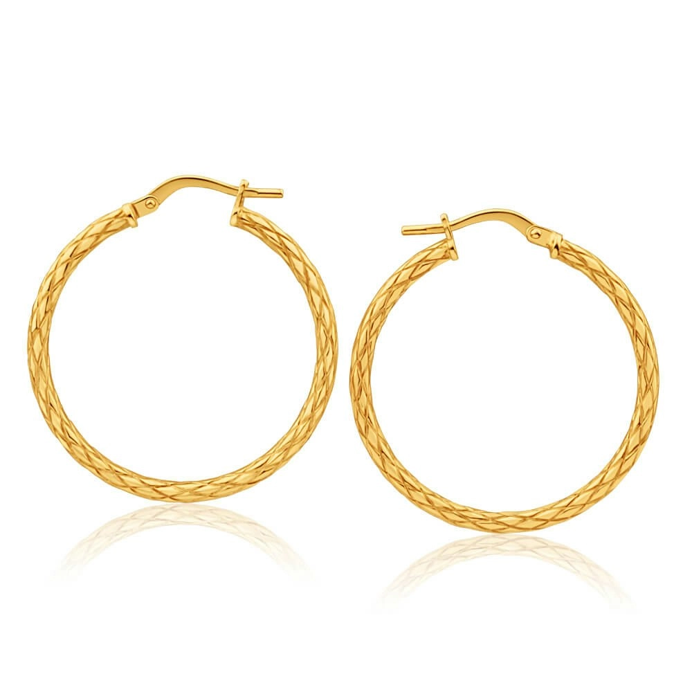 9ct Yellow Gold Silver Filled Patterned 25mm Hoop Earrings