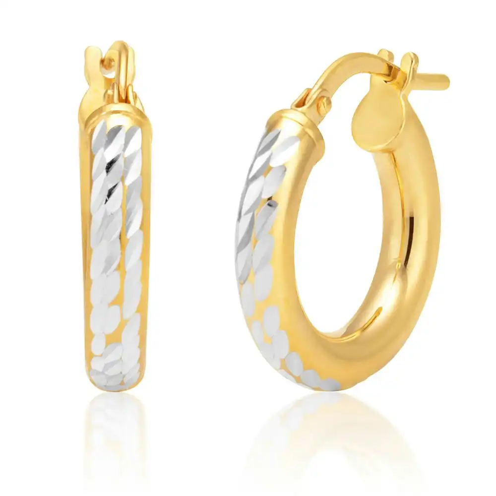 9ct Two-Tone Gold Filled 10mm Diamond Cut Hoop Earrings