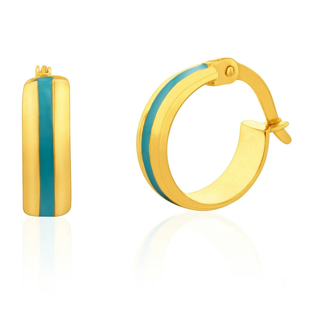 9ct Yellow Gold Silverfilled Blue Enamel On Hoop Earrings