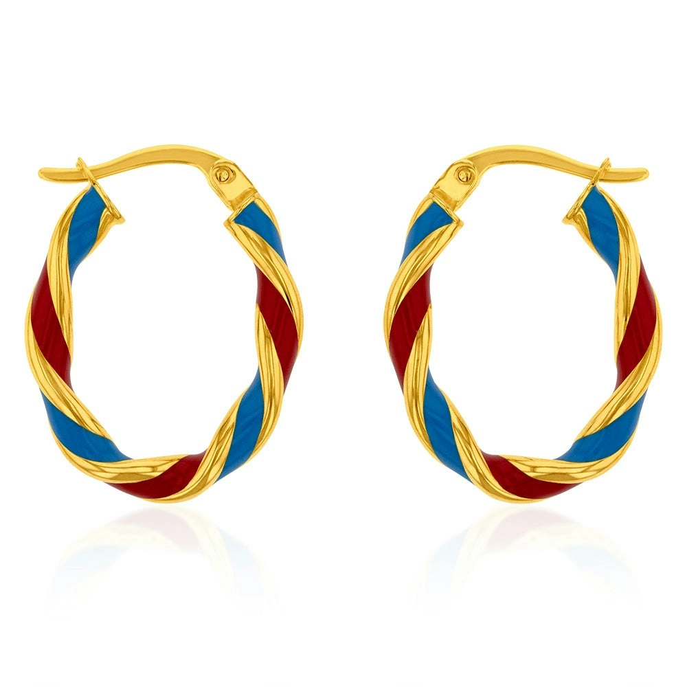 9ct Yellow Gold Silverfilled 15mm Red And Blue Enamel On Twisted Hoop Earrings