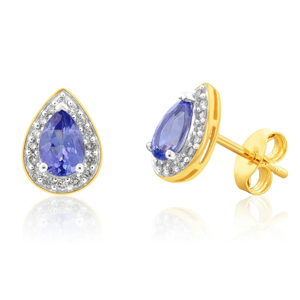 9ct Yellow Gold 0.90ct Tanzanite and Diamond Pear Halo Studs