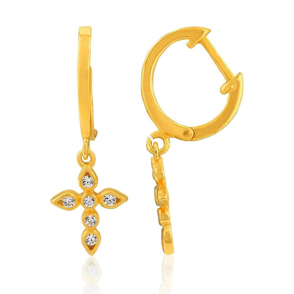 Sterling Silver Gold Plated Cubic Zirconia Cross On Hoops Earrings