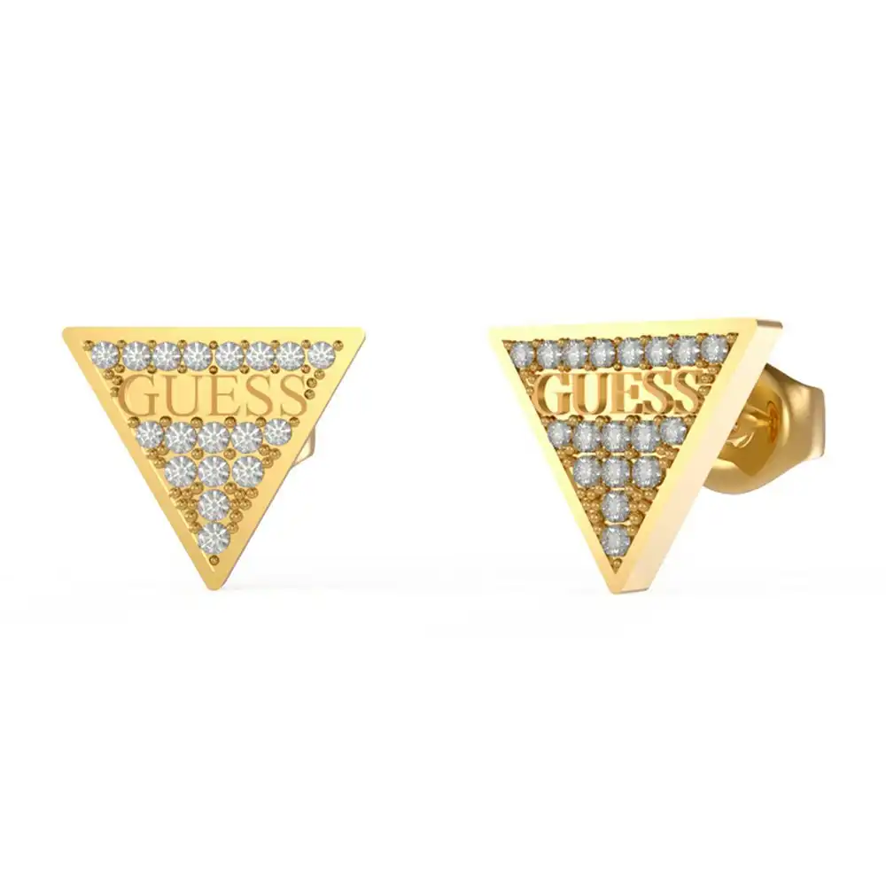 Guess Gold Plated 11mm Pave Logo Triangle Stud Earrings