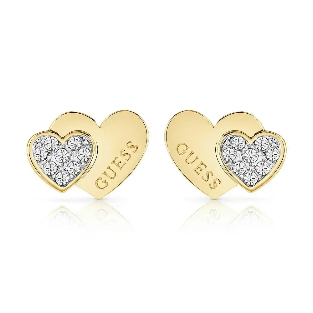 Guess Yellow Gold Plated Double Heart Pave Stud Earrings