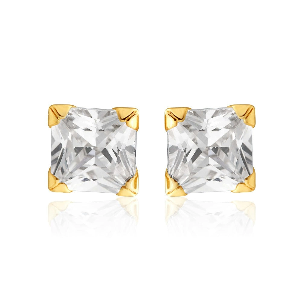 9ct Yellow Gold Cubic Zirconia 4mm Princess Stud Earrings