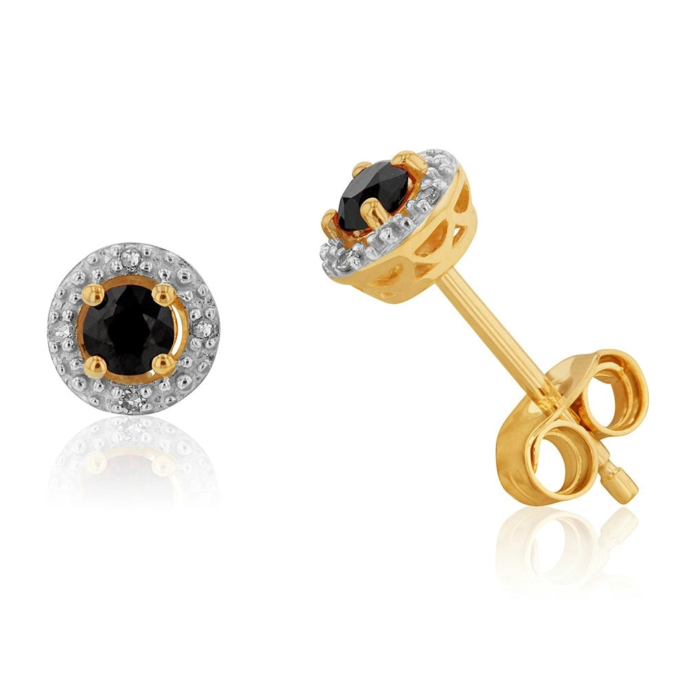 9ct Yellow Gold 3mm Natural Sapphire and Diamond Halo Stud Earrings