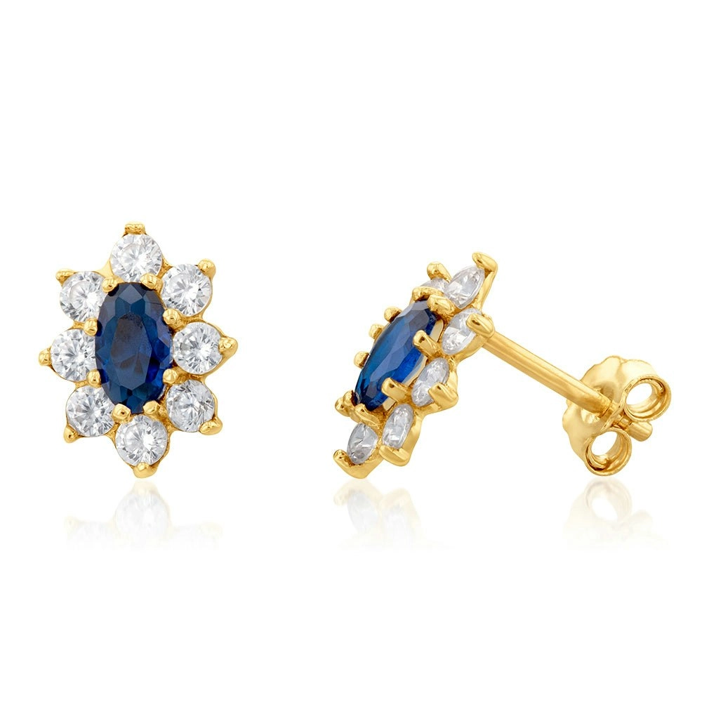 9ct Yellow Gold Blue And White Cubic Zirconia Oval Stud Earrings