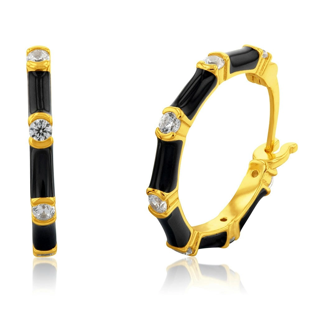 Sterling Silver Gold Plated Cubic Zirconia Black Enamel Creole Earrings