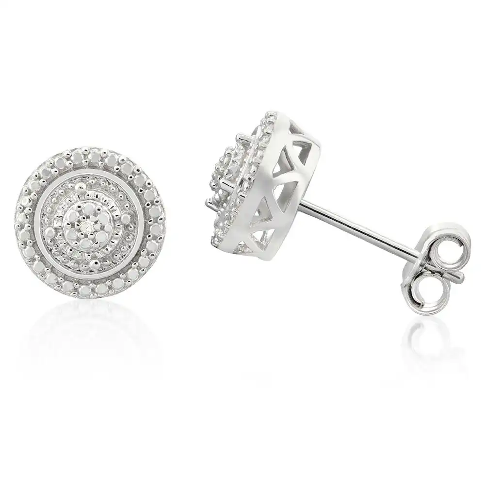 Sterling Silver with 2 Diamonds Round Shape Earring Studs