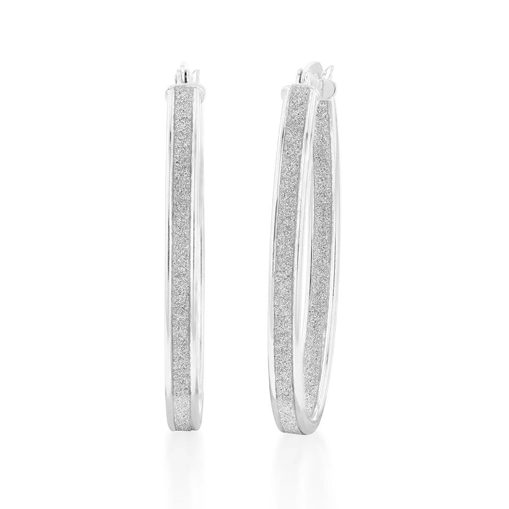 Sterling Silver Stardust Oval Hoop Earrings