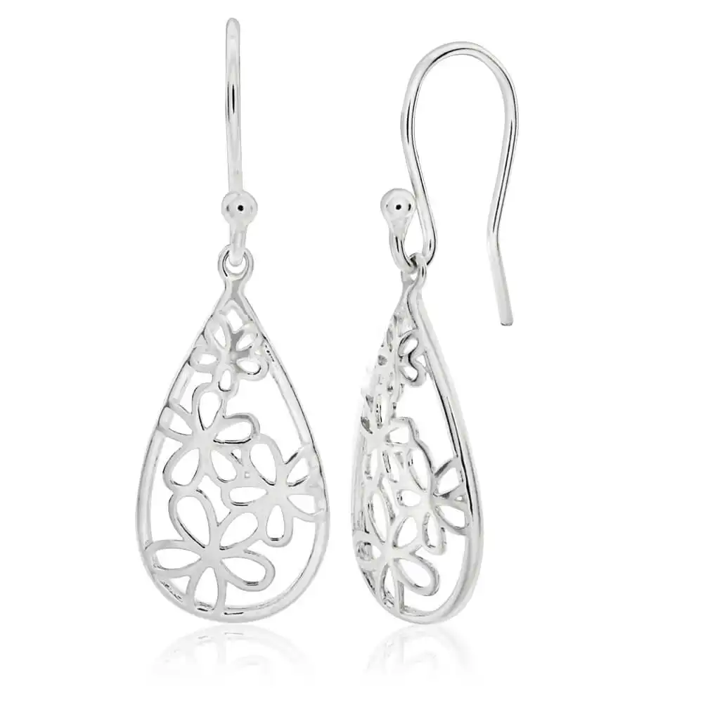 Sterling Silver Fancy Flower Drop Earrings