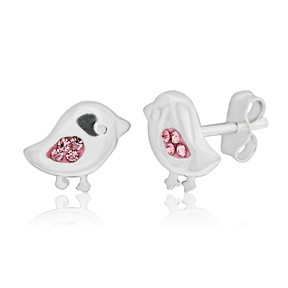 Sterling Silver Pink Bird Cubic Zirconia Stud Earrings