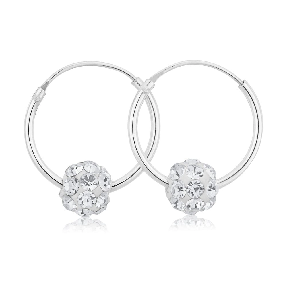 Sterling Silver White Crystal Slider Hoop Earrings