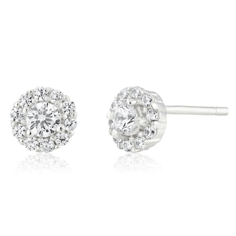 Sterling Silver Cubic Zirconia Cut Halo Stud Earrings