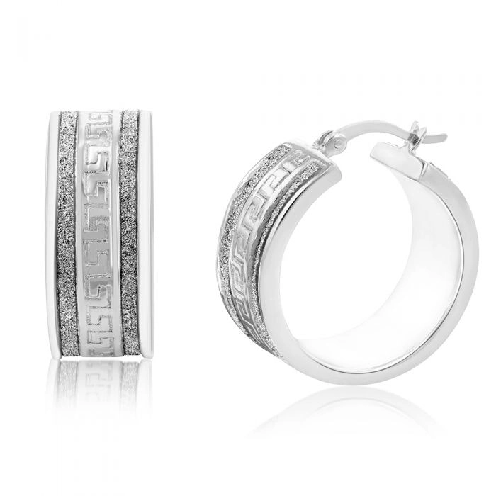 Sterling Silver 20mm Stardust Greek Key Hoops