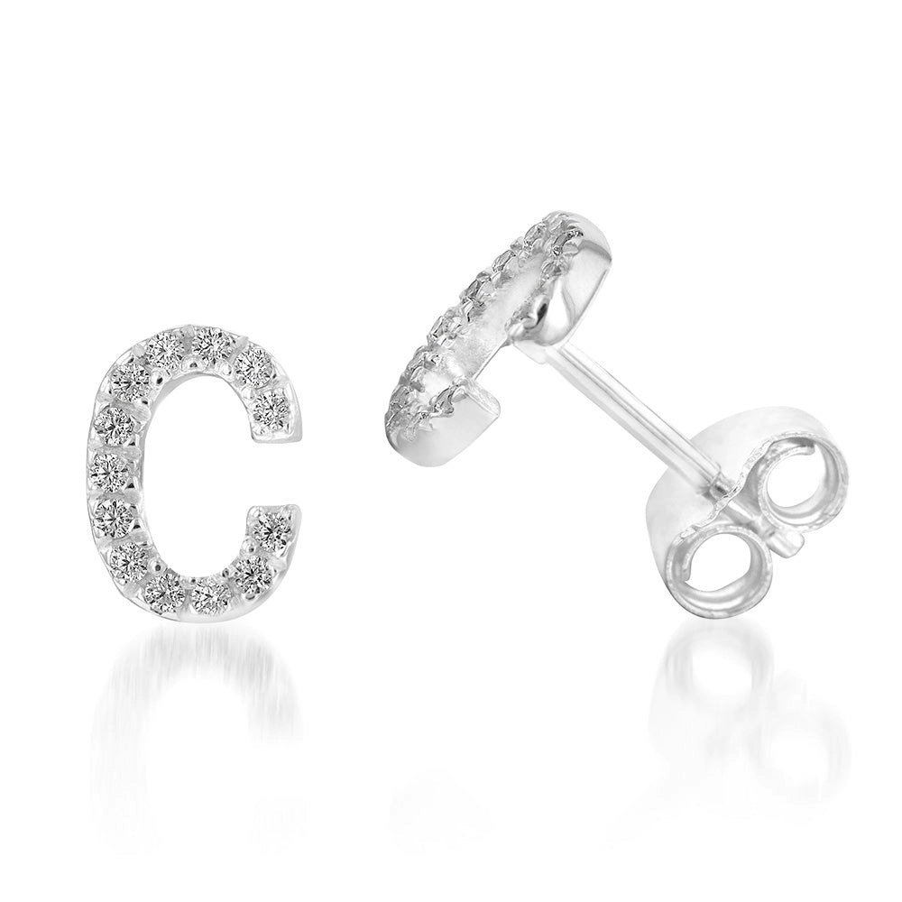 Sterling Silver Cubic Zirconia Initial "C" Stud Earrings