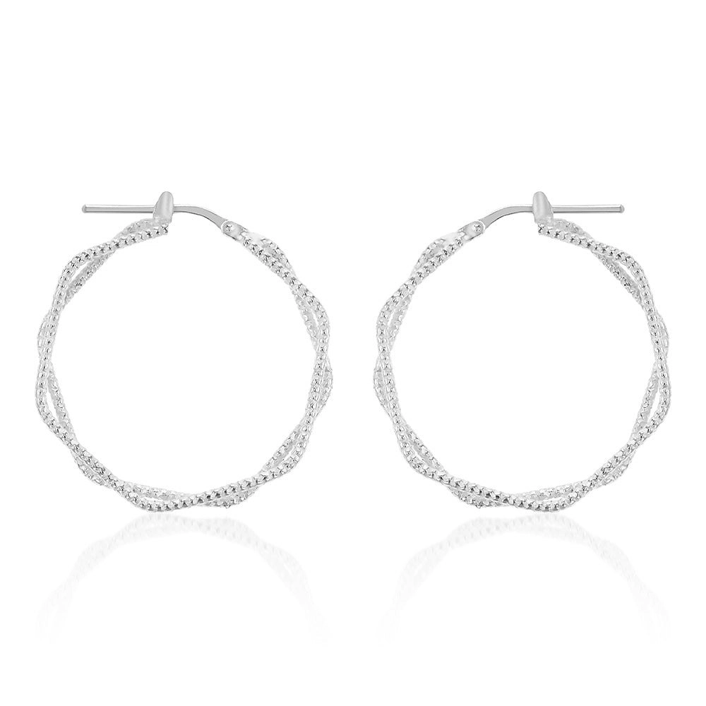 Sterling Silver Fancy Twin Hexagonal Hoops Earrings