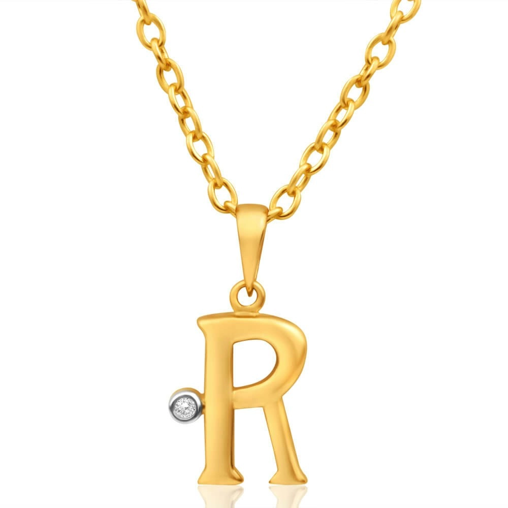 9ct Yellow Gold Pendant Initial R set with diamond