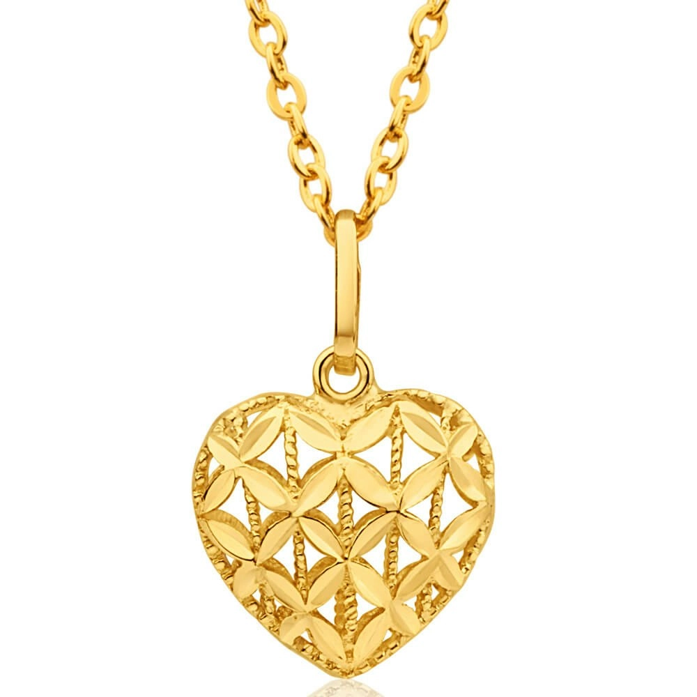 9ct Yellow Gold Diamond Cut Heart Pendant