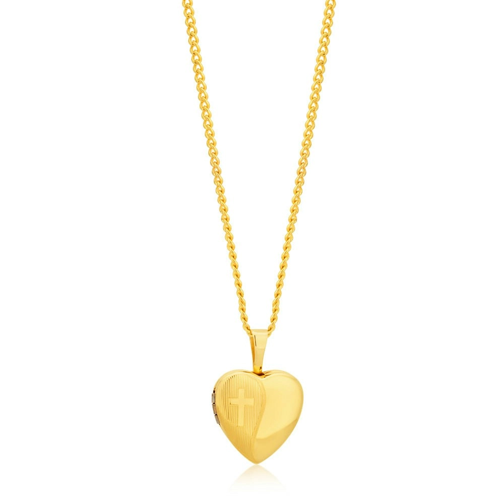 9ct Yellow Gold Etched Cross Heart Locket