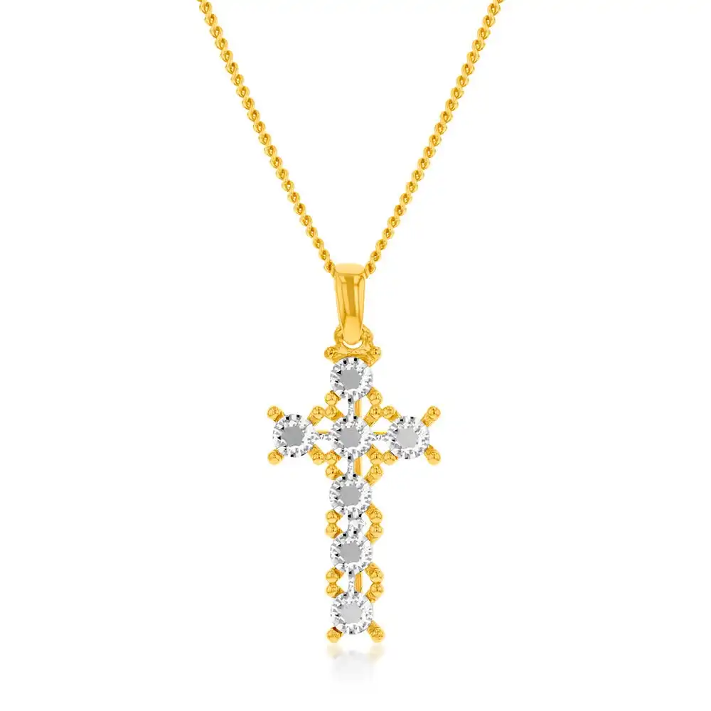 9ct Yellow And White Gold Two Tone Diamond Cut Fancy Cross Pendant