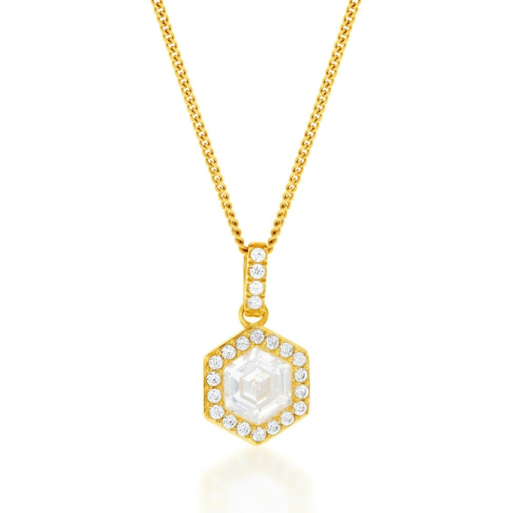 9ct Yellow Gold Hexagonal Cubic Zirconia Halo Pendant