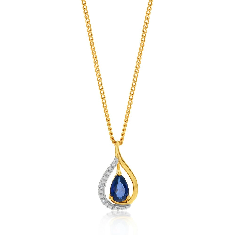 9ct Yellow Gold Created Sapphire and Diamond Pendant