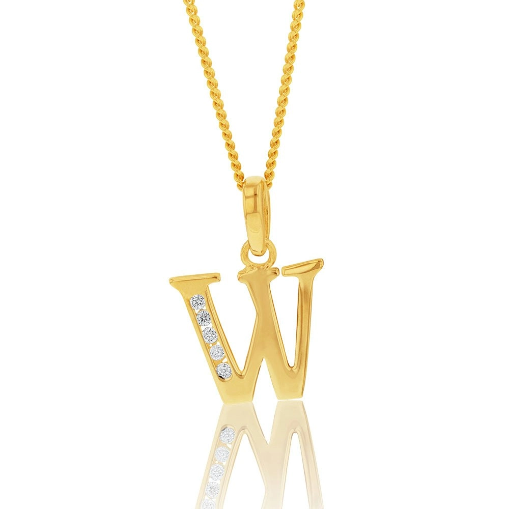 9ct Yellow Gold Initial W Zirconia Pendant