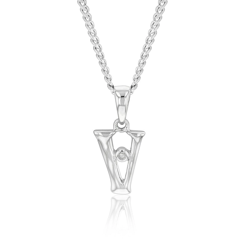 Silver Pendant Initial V set with Diamond