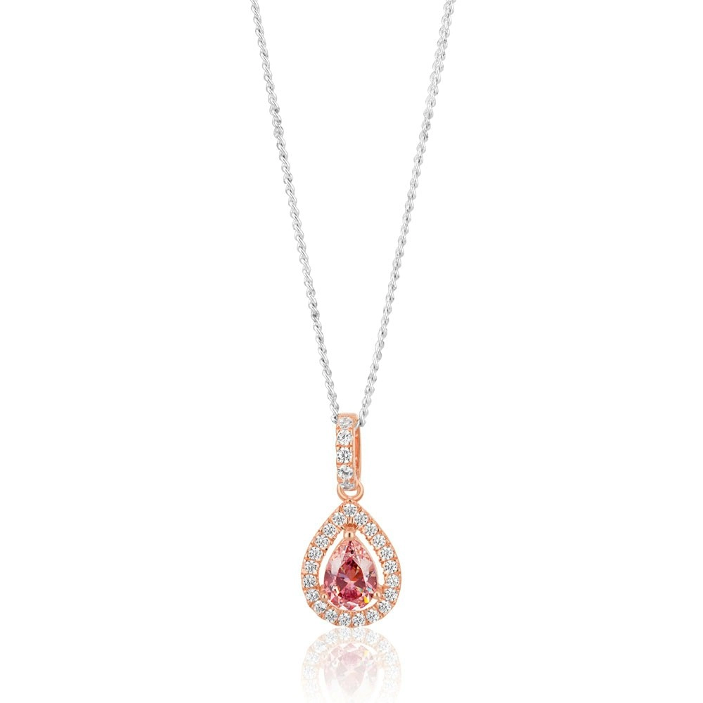 Sterling Silver Rose Plated Zirconia Pear Pendant