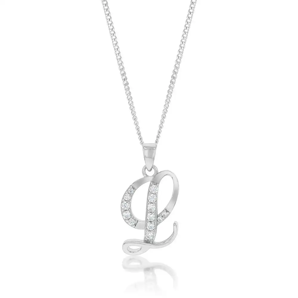 Sterling Silver Rhodium Plated Cubic Zirconia Script "L" Initial Pendant