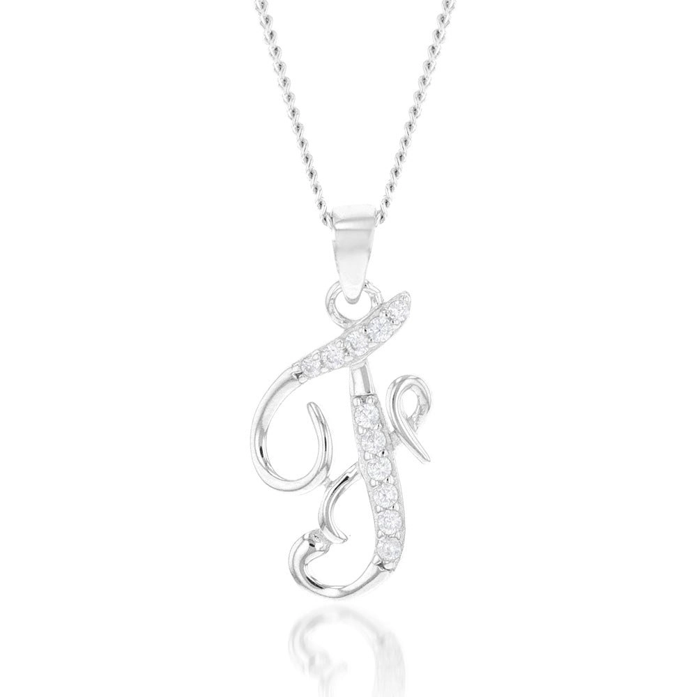 Sterling Silver Rhodium Plated Cubic Zirconia Script "F " Initial Pendant