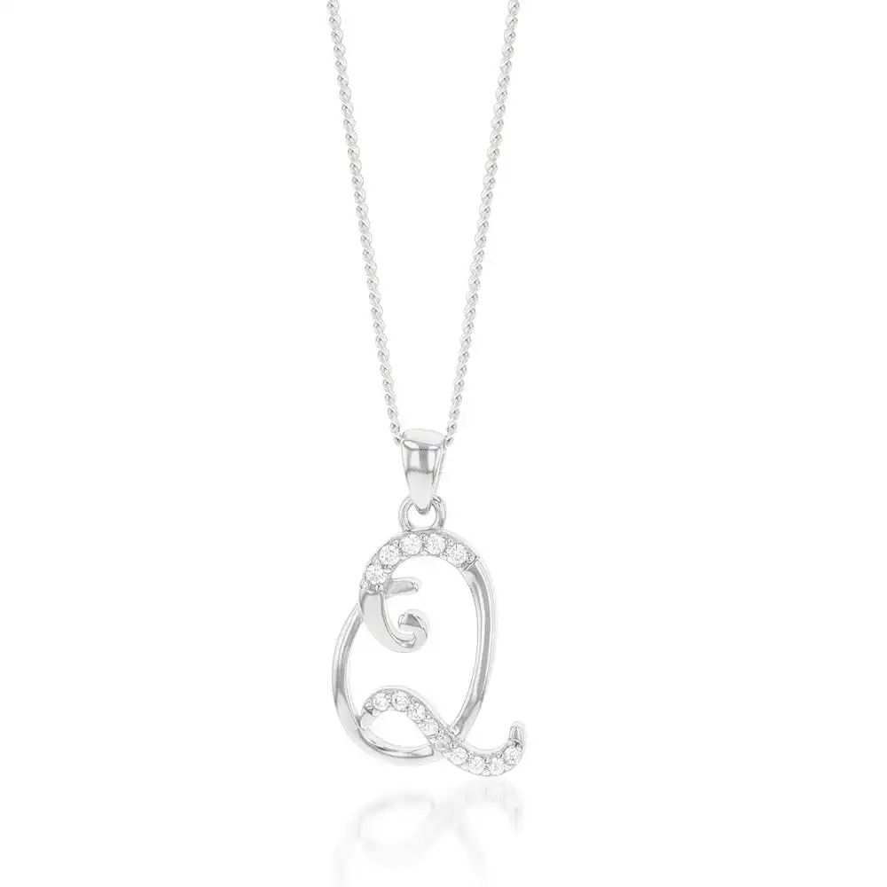 Sterling Silver Rhodium Plated Cubic Zirconia Script "Q " Initial Pendant