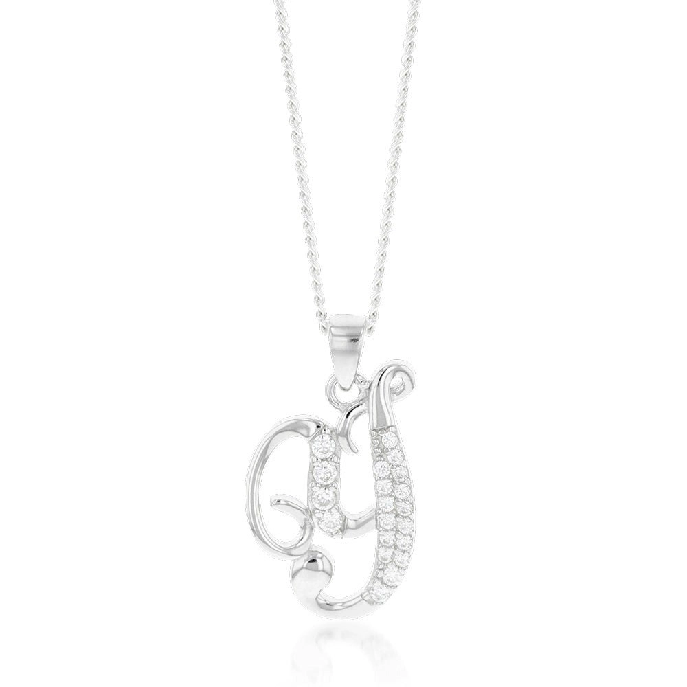 Sterling Silver Rhodium Plated Cubic Zirconia Script "Y " Initial Pendant