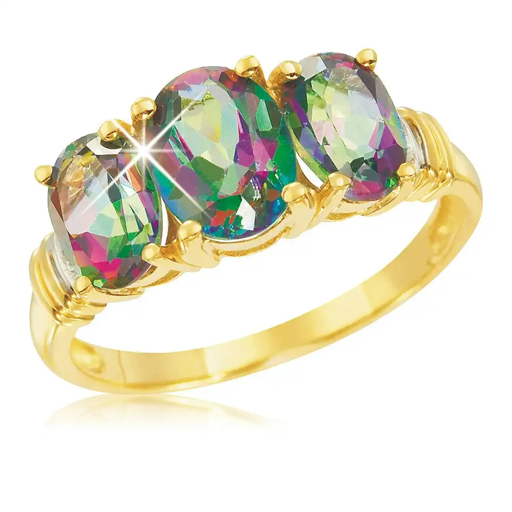 9ct Yellow Gold Oval Enhanced Mystic Topaz and Diamond Trilogy Ring