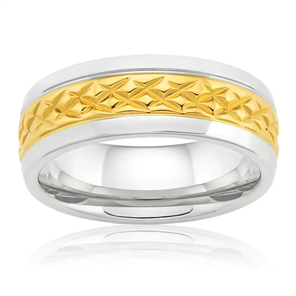 8mm Stainless Steel and Gold Plated Patterned Gents Ring