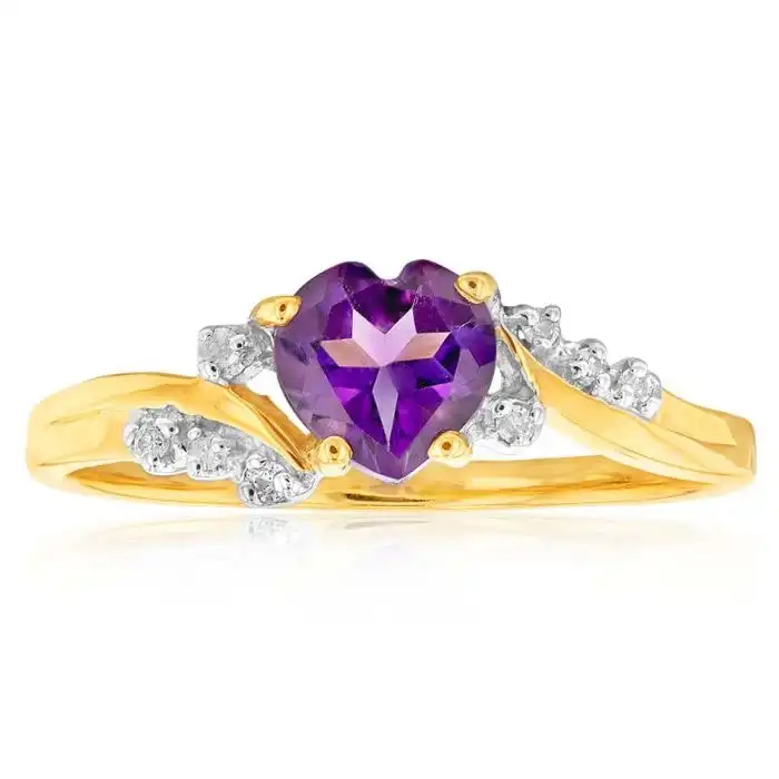 9ct Yellow Gold Amethyst Heart with 8 Diamond Ring